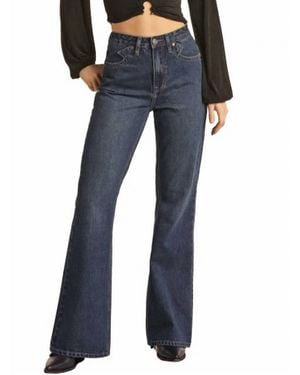 Rock & Roll Denim Yoke Detail High Rise Flare Jeans - Blue