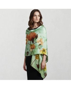 TRUEDAMES Floral Print Oblong Silky Satin Scarf Shawl - Green