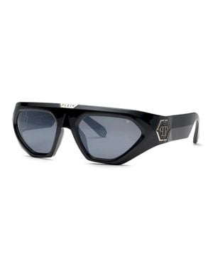 Philipp Plein Sunglasses Rectangle Full Rim, Shiny Frame And Mirror Lens - Black