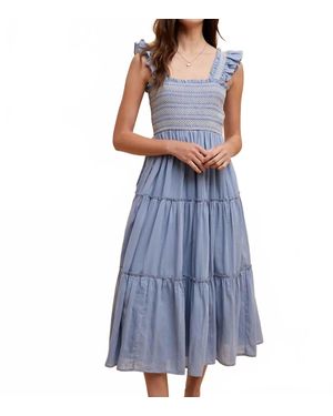 In-Loom Contrast Stitched Smocked Maxi Dress - Blue