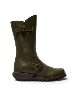 Fly London Military Leather Mid-Calf Long Boots - Green
