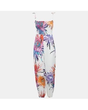 Roberto Cavalli Floral Print Cotton Smock Detail Jumpsuit - Blue