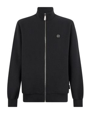 Philipp Plein Jacquard Monogram Pattern Zip-Through Knit - Black