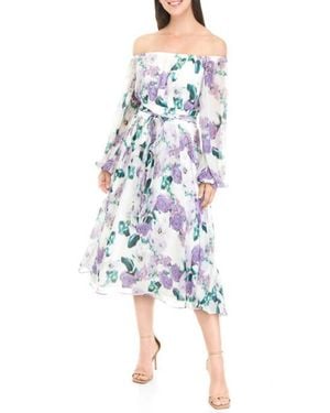 Maison Tara Floral Off The Shoulder Long Sleeve Midi A-Line Dress - Blue