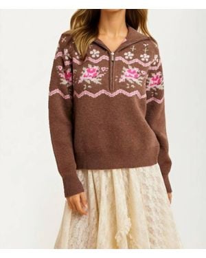 Knit & Lounge Half-Zip Sweater With Floral Fair Isle Pattern - Brown