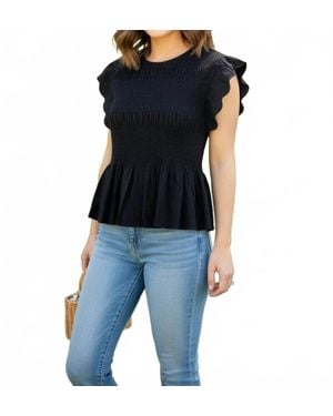 Umgee Linen Blend Scalloped Sleeve Smocked Top - Black