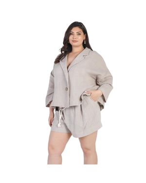 Fashnzfab Plus Button-Up Collared Neck Blazer High Waist Shorts Set - Gray