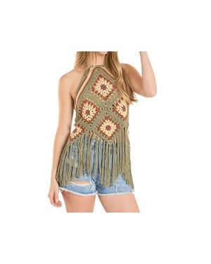 Rock & Roll Denim Crochet Halter Top With Fringe - Black