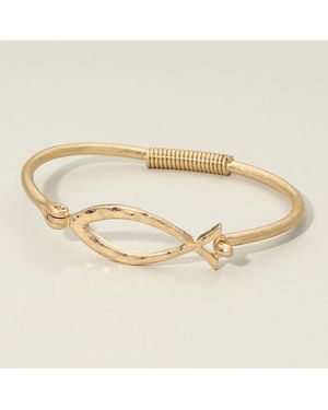 Fashnzfab Hammered Metal Open Ichthys Fish Symbol Accent Hinged Bangle Bracelet - Metallic