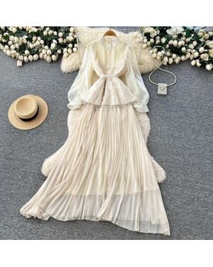 TRUEDAMES Premium Beaded Lantern Sleeve Tassel Dress Tie-Waist A-Line Midi, Office Elegant Shift Dress - Natural