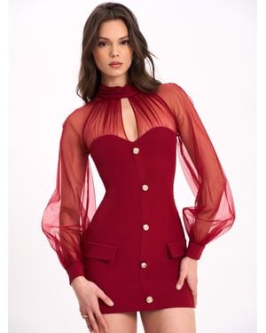 Miss Circle Tabitha Burgundy Mesh Lantern Sleeve Mini Dress - Red