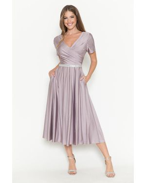 TRUEDAMES V-Neck Short Sleeve Midi Dress With Rhinestone Waistband And Pockets - Purple