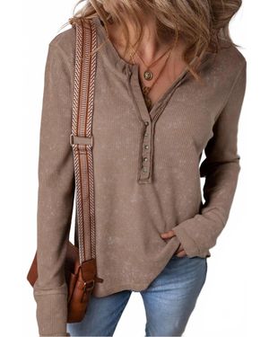 Full Time Purchase Acid Wash Waffle Knit Long Sleeve Top - Brown