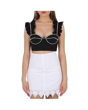 Area Ladies Crystal Embellished Poplin Ruffle Bustier Cropped Top - Black