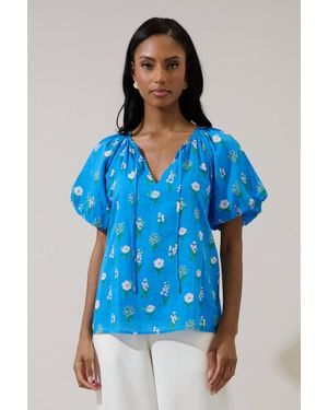 Sugarlips Jazleen Floral Overseas Balloon Sleeve Top - Blue
