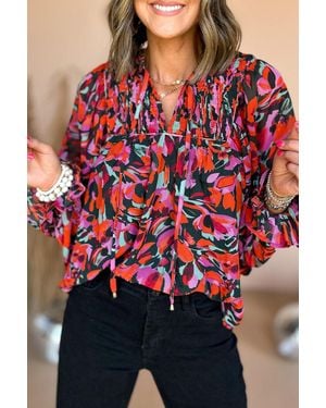 TRUEDAMES Dahlia Abstract Floral Shirred Detail Puff Sleeve Blouse