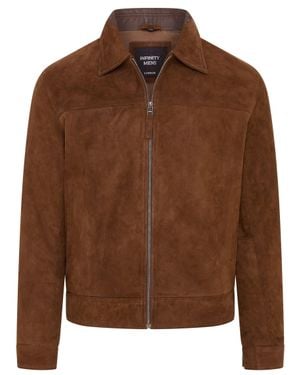 Infinity Leather Retro Classic Suede Leather Harrington Biker Jacket - Brown