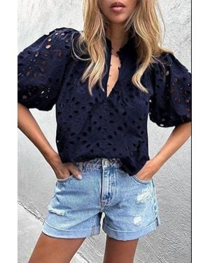De Vave Molly Hollow Out Lantern Sleeve Top - Blue