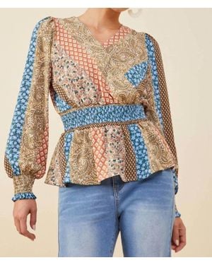 Hayden LA Printed Smocked Peplum Blouse - Blue