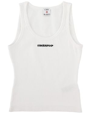 CASABLANCA Ribbed Centered Logo Organic Cotton Tank Top - White