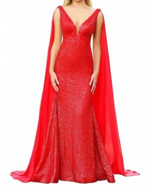 Ava Presley Fitted Sequin Evening Gown With Cascading Sash - Red