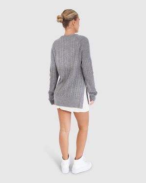 Belle & Bloom At Last Cable Knit Sweater With Slit - Gray