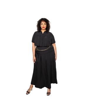TRUEDAMES Pleated Cropped Shirt And Maxi Skirt Set - Black