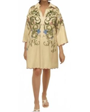 CELINA MOON Long Sleeve Scalloped Hem Floral Dress - Natural