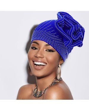 Fashnzfab Bling Studded Flower Pointed Turban Hat - Blue