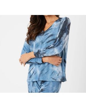 French Kyss Marble Wash Long Sleeve V-Neck Top - Blue