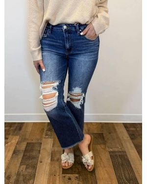 Risen Distressed Crop Flare Jean - Blue