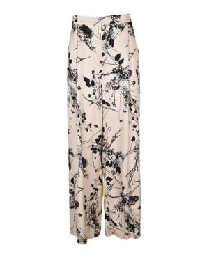 Semicouture High-Waisted Satin Pants With Botanical Print And Pleated Detailing - White