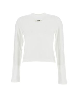 Jacquemus Cropped Long-Sleeve T-Shirt With Ribbed Neckline And Grosgrain Logo - White
