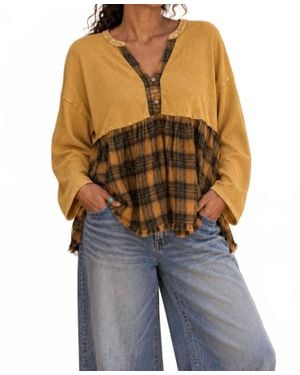 SurelyMine Waffle Knit Plaid Peplum Henley Tunic - Blue