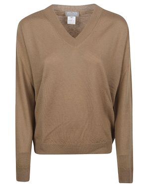 WLNS CASHMERE Plain Knitted Vneck Sweater - Brown