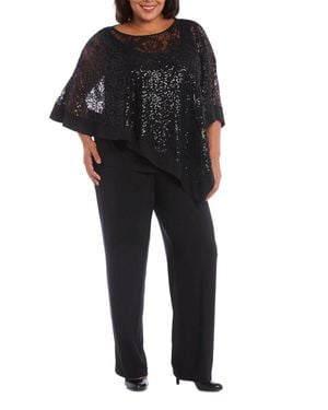 R & M Richards Sequined Lace Poncho 2-Piece Pants Set - Black