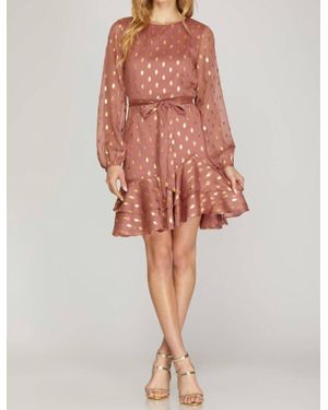 She + Sky Dot Chiffon Dress With Ruffled Hem - Orange