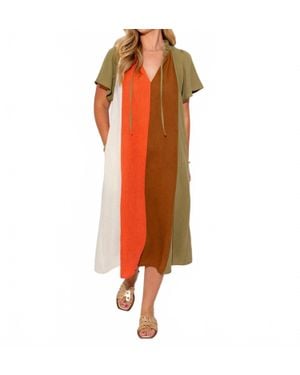 Thml Color Block Stripes With Tie Midi Dress - Orange