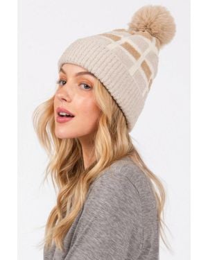 Fashnzfab Cozy Color Blocked Pom Pom Beanie - Natural