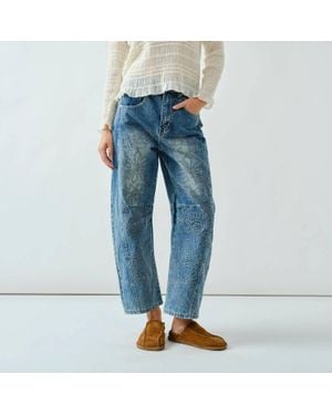 Aaron & Amber Pressed Flower Barrel Jeans - Blue