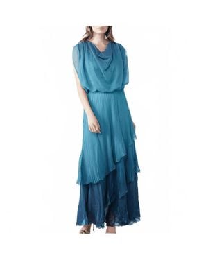 Komarov Ombre Cowl Neck Tiered Chiffon Ruffle Dress - Blue