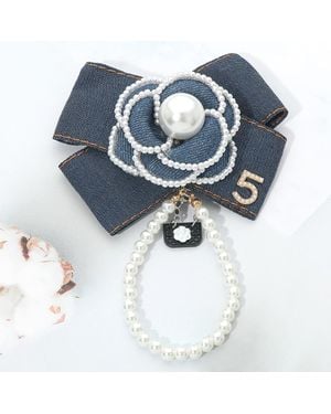 Fashnzfab Pearl Accent Denim Bow Floral Pin Brooch Hair Clip - Blue