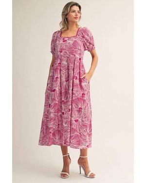 Jodifil Tropical Print Square Neck Short Puff Sleeve Dress - Pink