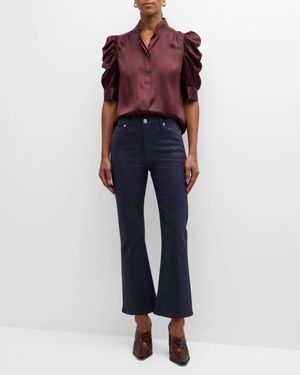 FRAME Gillian Silk Ruched Sleeve Top - Blue