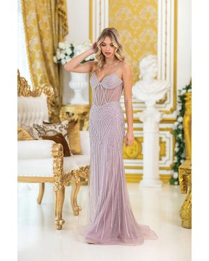 DQ Beaded And Sequined Full-Length Prom Dress With Sheer Illusion Bodice And Fitted Silhouette - Metallic