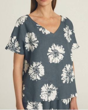 ROSSO35 Linen V Neck Top - Blue