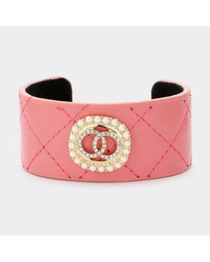 Fashnzfab Pearl Trimmed Rhinestone Double Open Circle Accented Faux Leather Cuff Bracelet - Pink