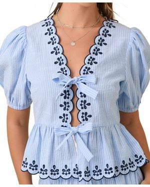 Main Strip Deena V-Neck Peplum Blouse With Scallop Edges - Blue