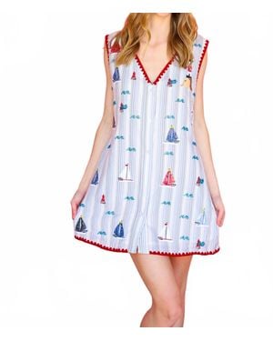 Queen Of Sparkles Striped Sailboat V Neck Tank Dress - Blue