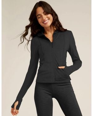 Beyond Yoga Heather Rib Morning Jog Hoodie Thumbhole Gbo 59 - Black